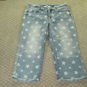 Judy Blue 11 / 30 Cropped Straight Light Blue White Stars Raw Hem / Waist Jeans
